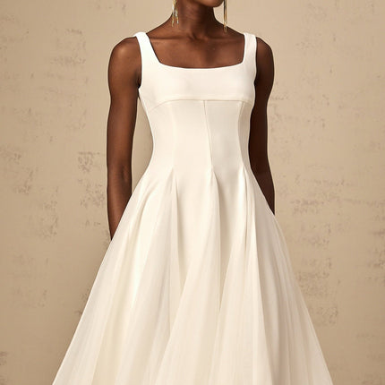 London White Tulle Square Neck Midi Dress