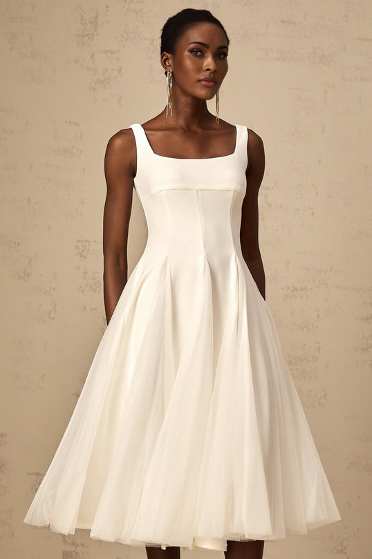 London White Tulle Square Neck Midi Dress