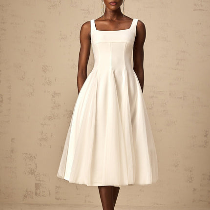 London White Tulle Square Neck Midi Dress