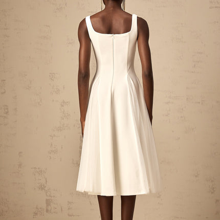 London White Tulle Square Neck Midi Dress