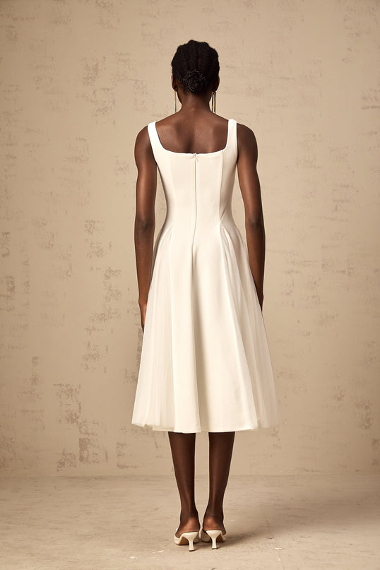 London White Tulle Square Neck Midi Dress