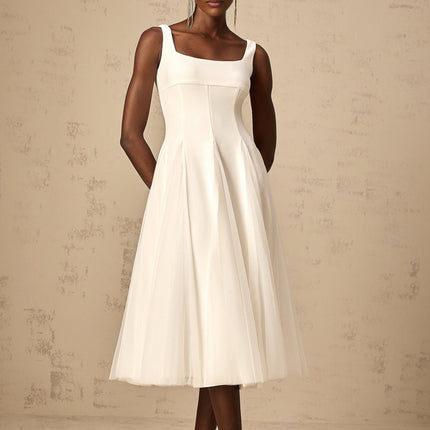 London White Tulle Square Neck Midi Dress with Dart Detailing Godet Full Skirt Lined Interior Rear Zip Fastening 95% Terylene 5% Spandex