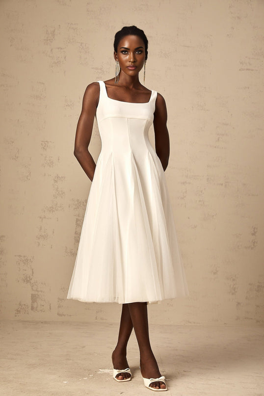 London White Tulle Square Neck Midi Dress with Dart Detailing Godet Full Skirt Lined Interior Rear Zip Fastening 95% Terylene 5% Spandex