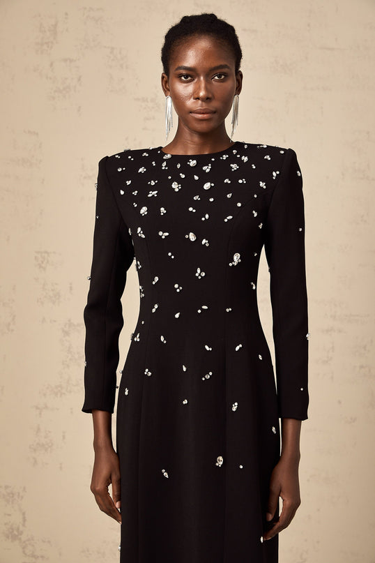 Long black maxi dress with crystal embellishments named Imelda