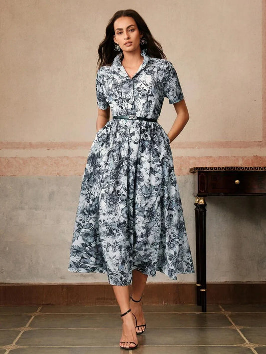 Long Floral Printed Collared Dress With Belt Elegant Dress For Women SpringSummer