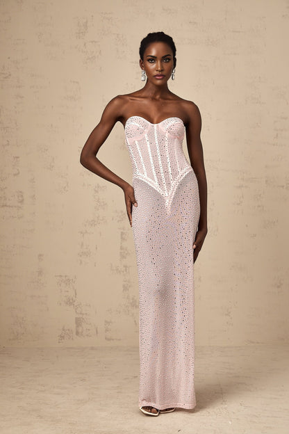 Long pink maxi dress with rhinestone embellishments and semi sheer fabric