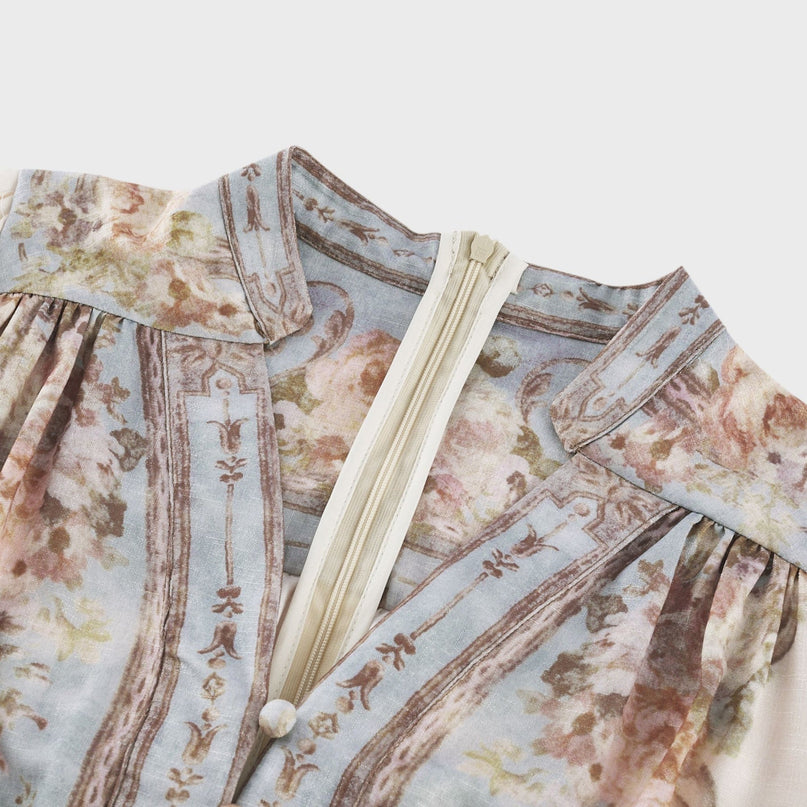 Long sleeve boho dress with floral print pattern named Camille