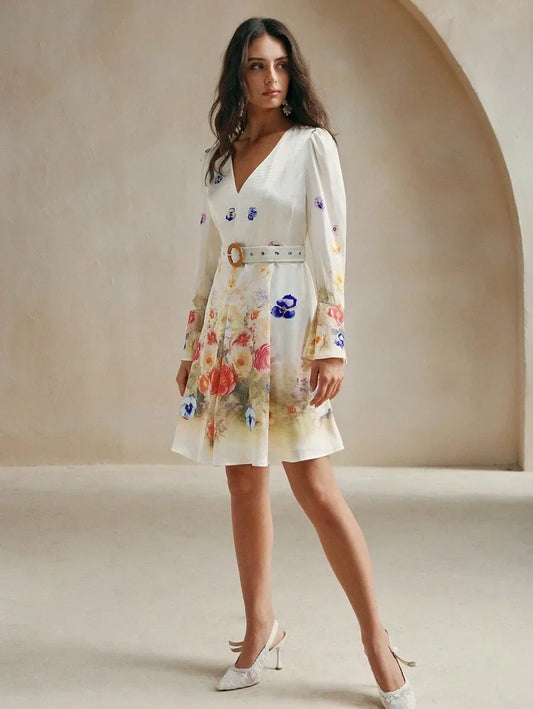 Long Sleeve Romantic Bell Sleeve Floral Print Midi Dress