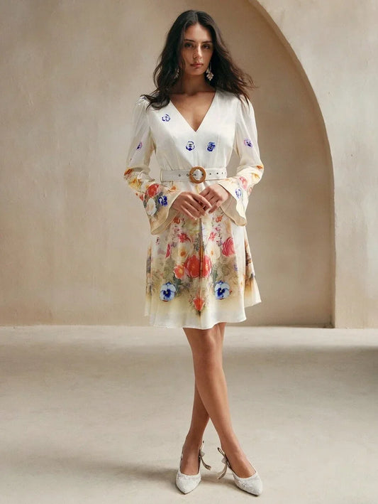 Long Sleeve Romantic Bell Sleeve Floral Print Midi Dress