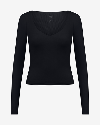 Long sleeve v - neck ribbed knit top with wrap detail - Black