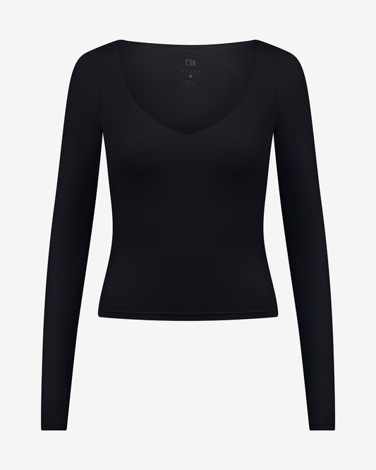 Long sleeve v - neck ribbed knit top with wrap detail - Black