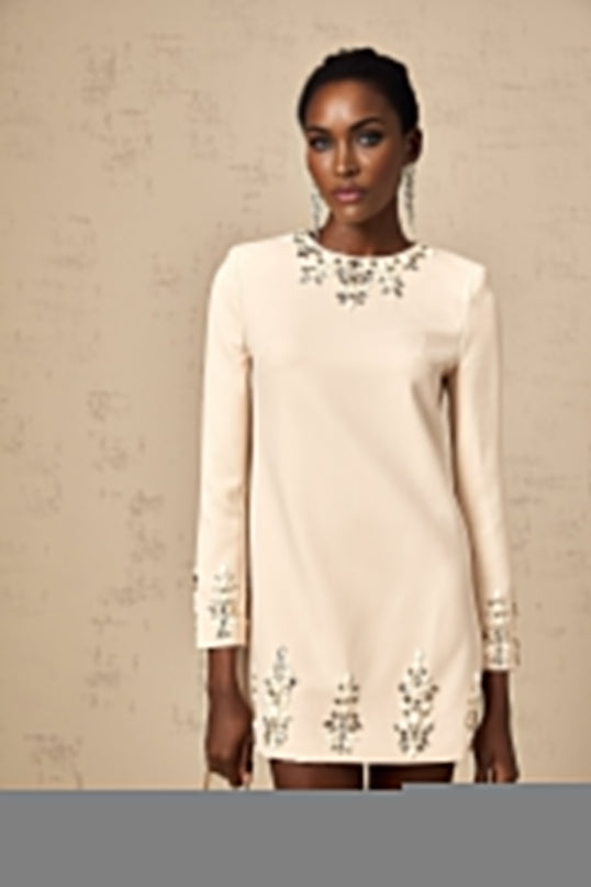 Long sleeved mini dress in neutral tones adorned with crystal embellishments