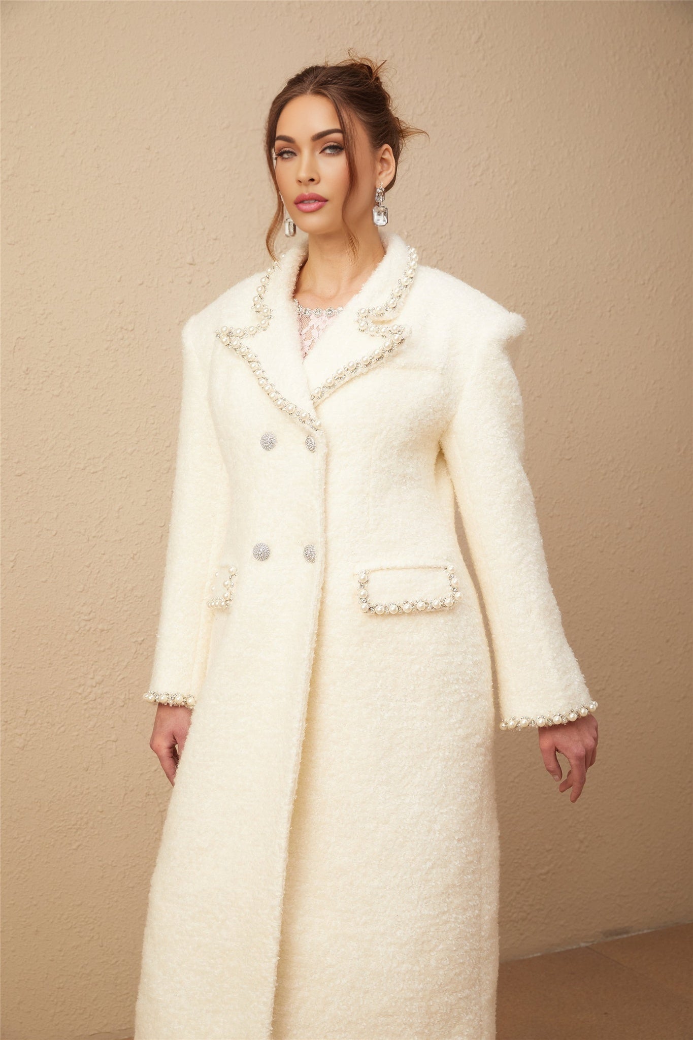 Long tweed coat made of Isotta wool with faux pearl embellishments