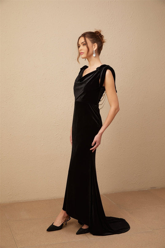 Long velvet maxi dress with embellishments and open back named Audrey