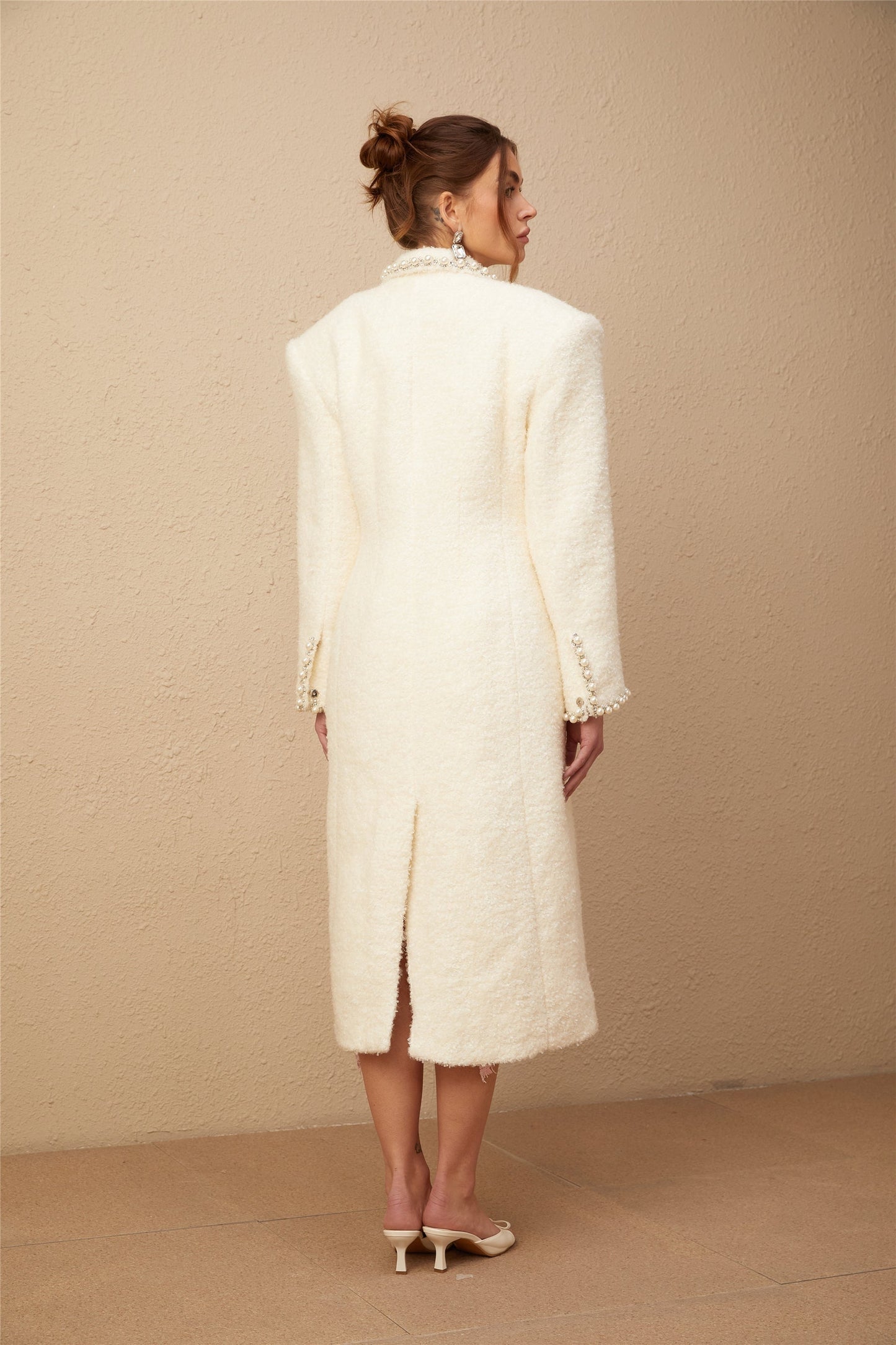 Long wool tweed coat with faux pearl embellishments in Isotta style