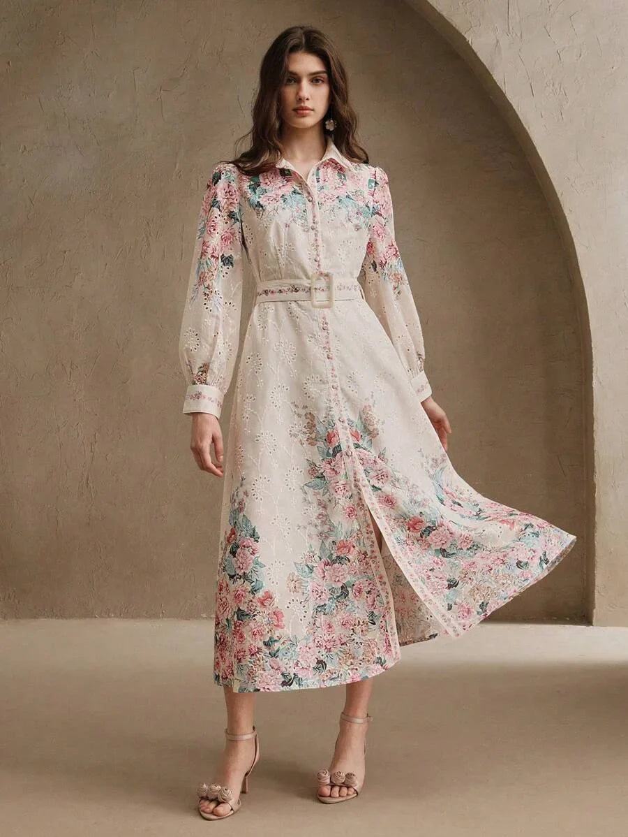 Loose French Button Down Balloon Sleeve Turndown Collar Belted Floral Print Maxi Dress Spring