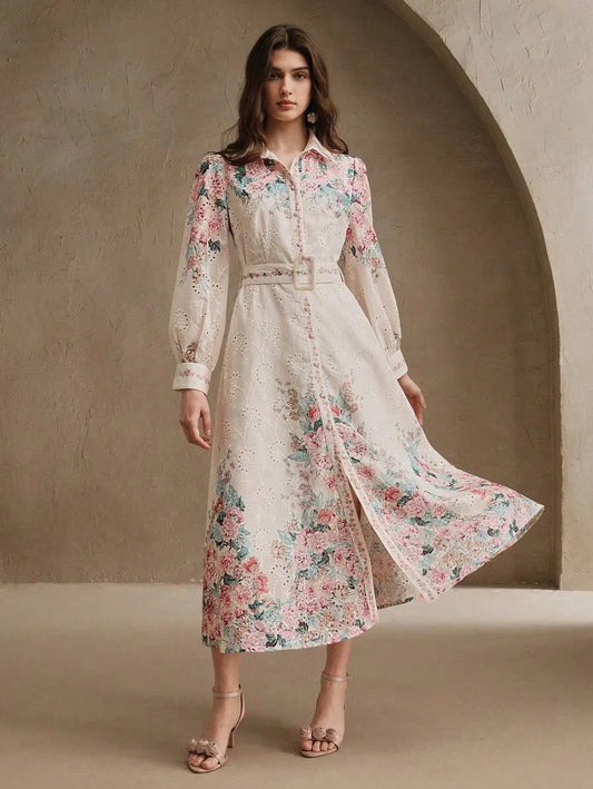 Loose French Button Down Balloon Sleeve Turndown Collar Belted Floral Print Maxi Dress Spring