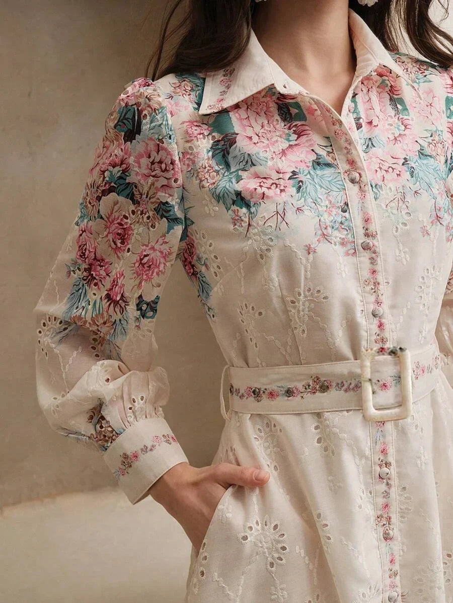 Loose French Button Down Balloon Sleeve Turndown Collar Belted Floral Print Maxi Dress Spring