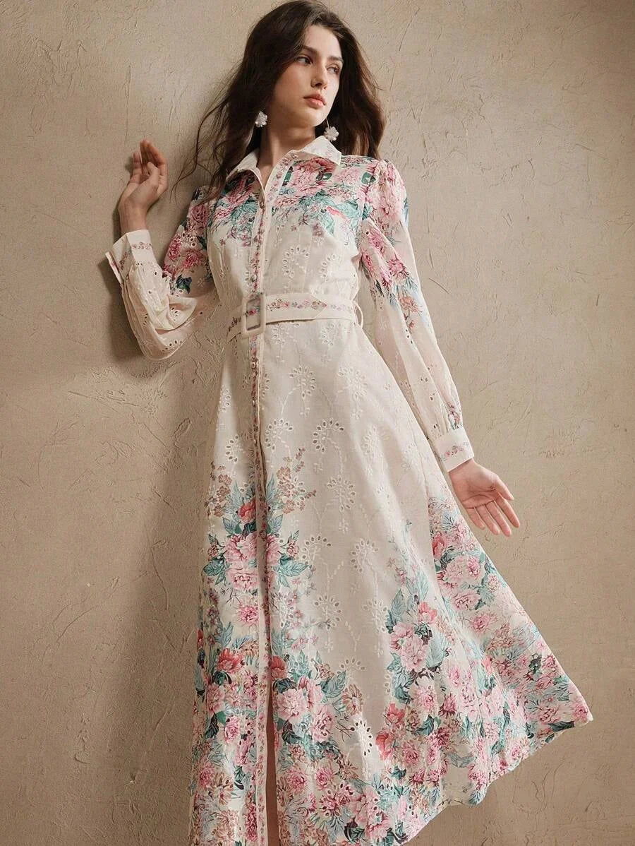 Loose French Button Down Balloon Sleeve Turndown Collar Belted Floral Print Maxi Dress Spring