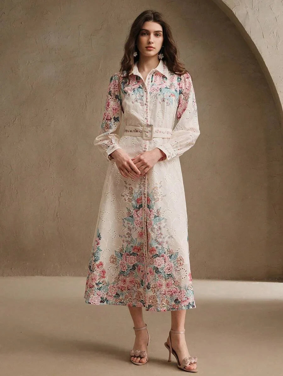 Loose French Button Down Balloon Sleeve Turndown Collar Belted Floral Print Maxi Dress Spring
