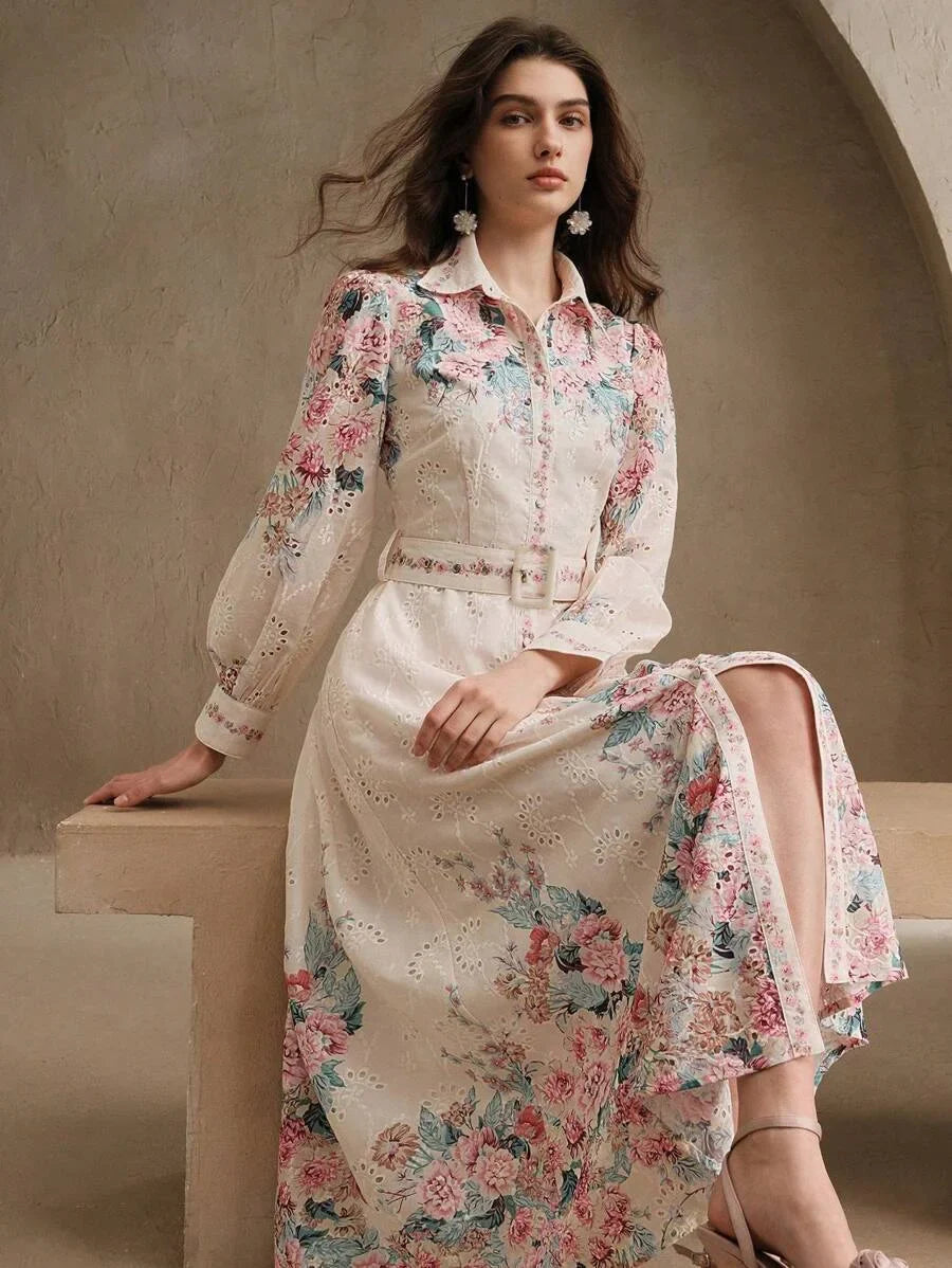 Loose French Button Down Balloon Sleeve Turndown Collar Belted Floral Print Maxi Dress Spring