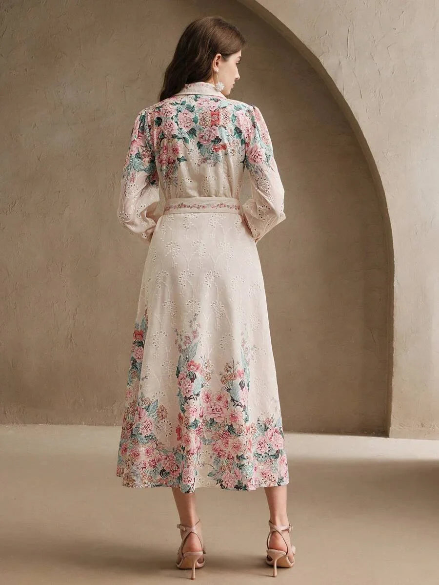 Loose French Button Down Balloon Sleeve Turndown Collar Belted Floral Print Maxi Dress Spring