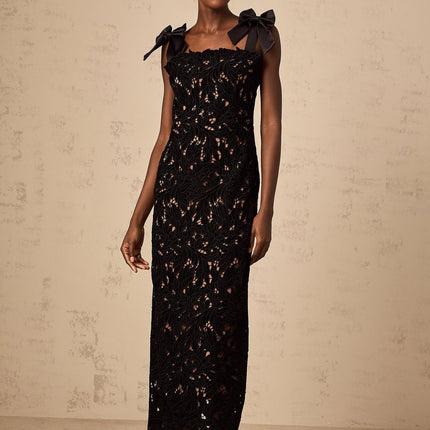 Loredana Black Maxi Dress with Bowknot Straps and Floral Embroidery