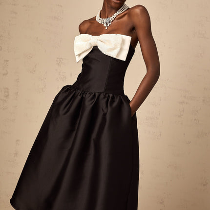 Loredana Black and White Off-Shoulder Midi Dress with Bowknot Embellishment and Bead Detailing
