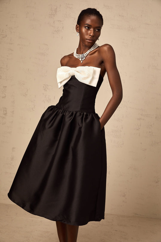 Loredana Black and White Off-Shoulder Midi Dress with Bowknot Embellishment and Bead Detailing