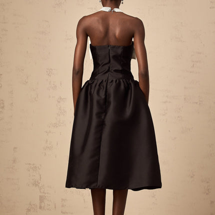 Loredana Black and White Off-Shoulder Midi Dress with Bowknot Embellishment and Bead Detailing