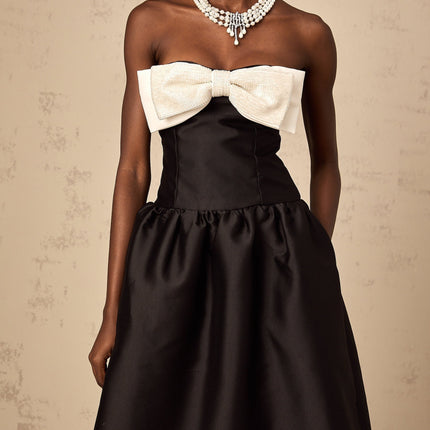 Loredana Black and White Off-Shoulder Midi Dress with Bowknot Embellishment and Bead Detailing