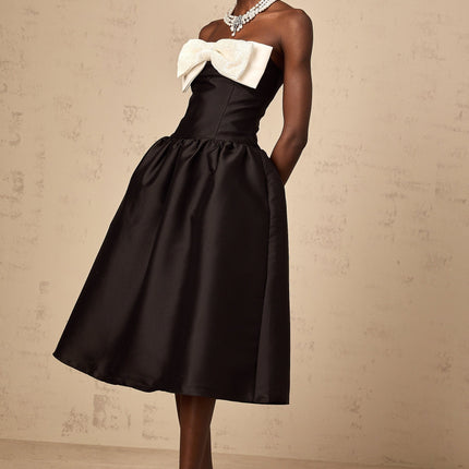 Loredana Black and White Off-Shoulder Midi Dress with Bowknot Embellishment and Bead Detailing