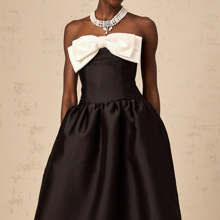 Loredana Black and White Off-Shoulder Midi Dress with Bowknot Embellishment and Bead Detailing