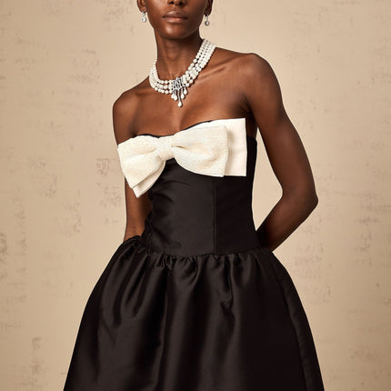 Loredana Black and White Off-Shoulder Midi Dress with Bowknot Embellishment and Bead Detailing