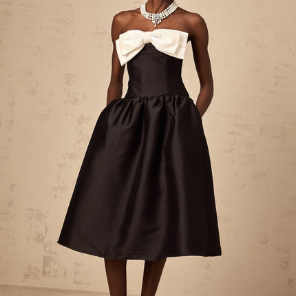 Loredana Black and White Off-Shoulder Midi Dress with Bowknot Embellishment and Bead Detailing