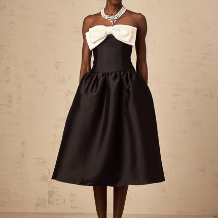 Loredana Black and White Off-Shoulder Midi Dress with Bowknot Embellishment and Bead Detailing