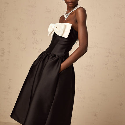 Loredana Black White Bowknot Bead Detail Midi Dress
