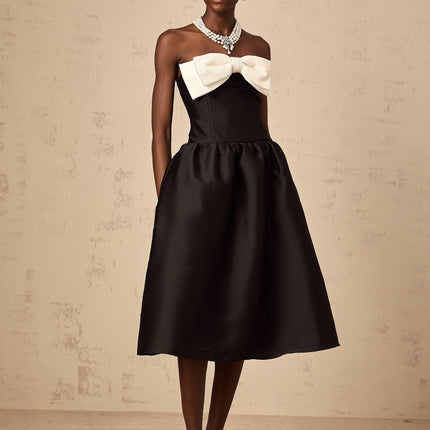 Loredana Black and White Off-Shoulder Midi Dress with Bowknot Embellishment and Bead Detailing