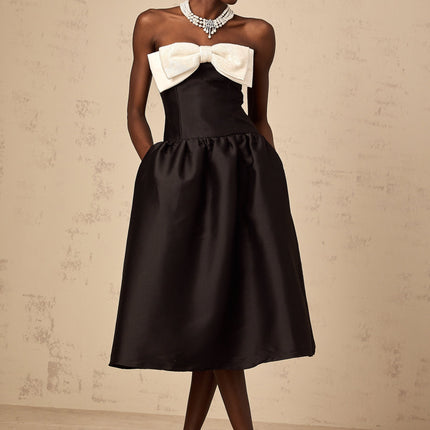 Loredana Black and White Off-Shoulder Midi Dress with Bowknot Embellishment and Bead Detailing