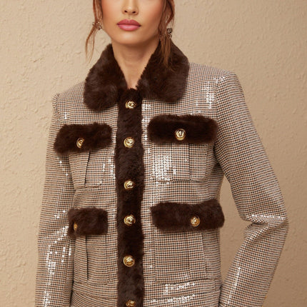 Lorelai Brown Lapel Shoulder Pads Faux Fur Houndstooth Sequin Embellished Jacket