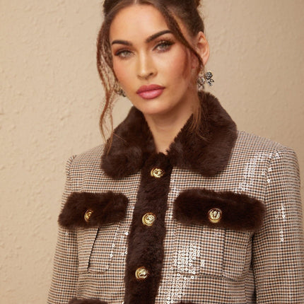 Lorelai Brown Lapel Shoulder Pads Faux Fur Houndstooth Sequin Embellished Jacket