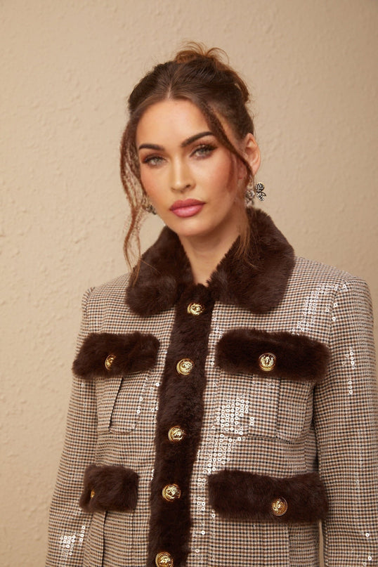 Lorelai Brown Lapel Shoulder Pads Faux Fur Houndstooth Sequin Embellished Jacket
