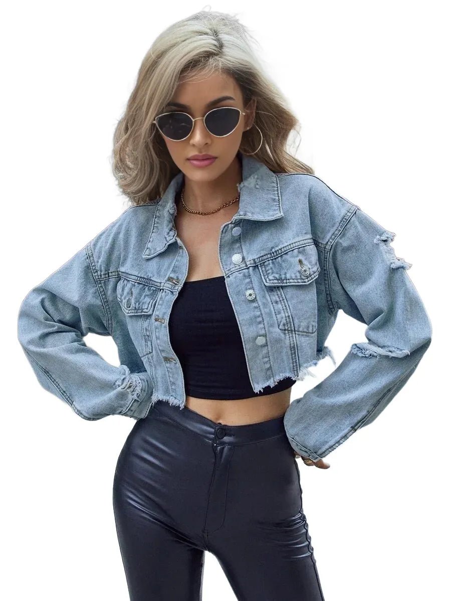 Lorelai Cropped Denim Jacket with Distressed Detailing in Blue - Blue
