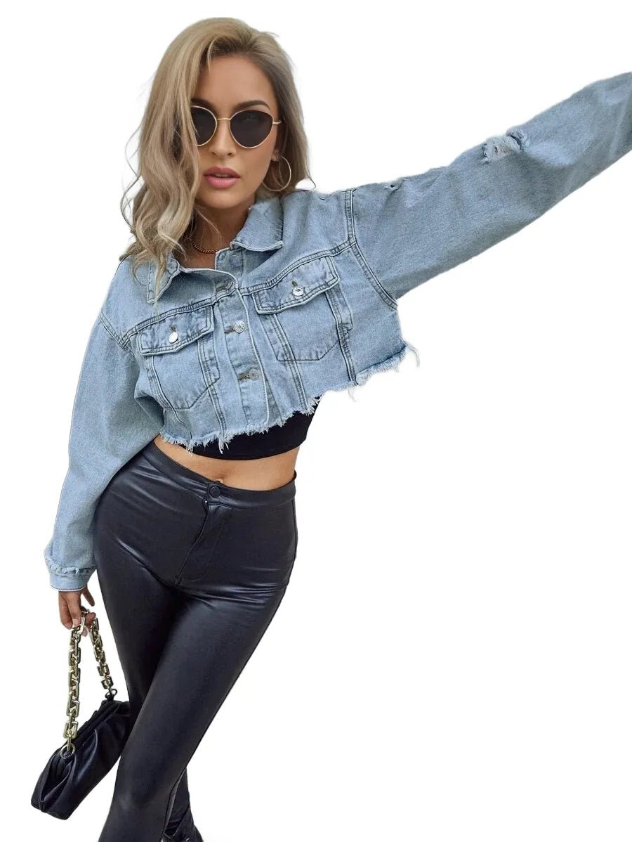 Lorelai Cropped Denim Jacket with Distressed Detailing in Blue - Blue