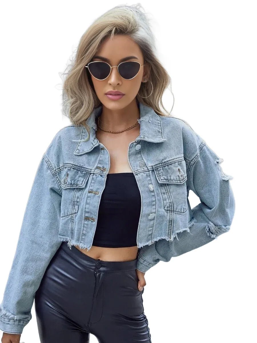 Lorelai Cropped Denim Jacket with Distressed Detailing in Blue - Blue