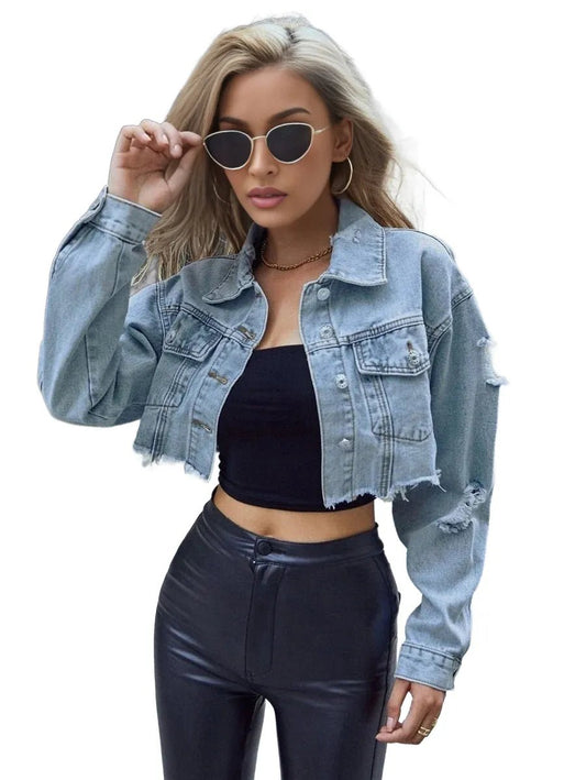 Lorelai Cropped Denim Jacket with Distressed Detailing in Blue - Blue