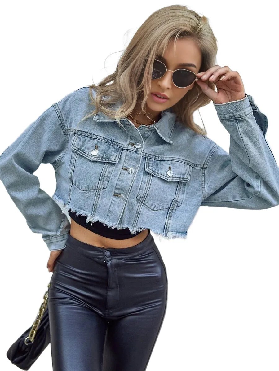 Lorelai Cropped Denim Jacket with Distressed Detailing in Blue - Blue