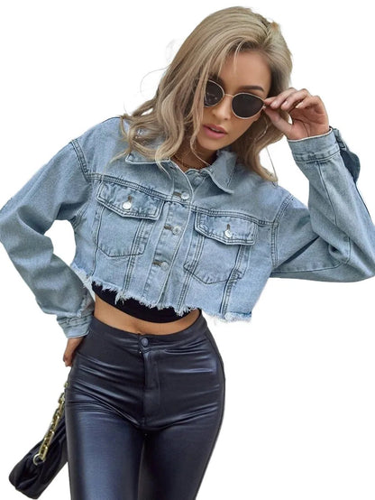 Lorelai Cropped Denim Jacket with Distressed Detailing in Blue - Blue