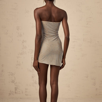 Lorelai Mini Dress in Light Beige with 3D flower detailing and rhinestone embellishments