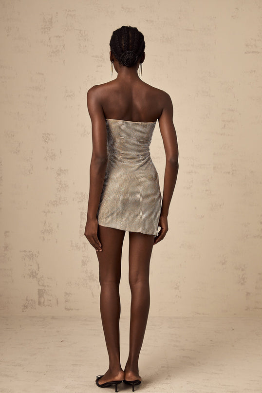 Lorelai Mini Dress in Light Beige with 3D flower detailing and rhinestone embellishments